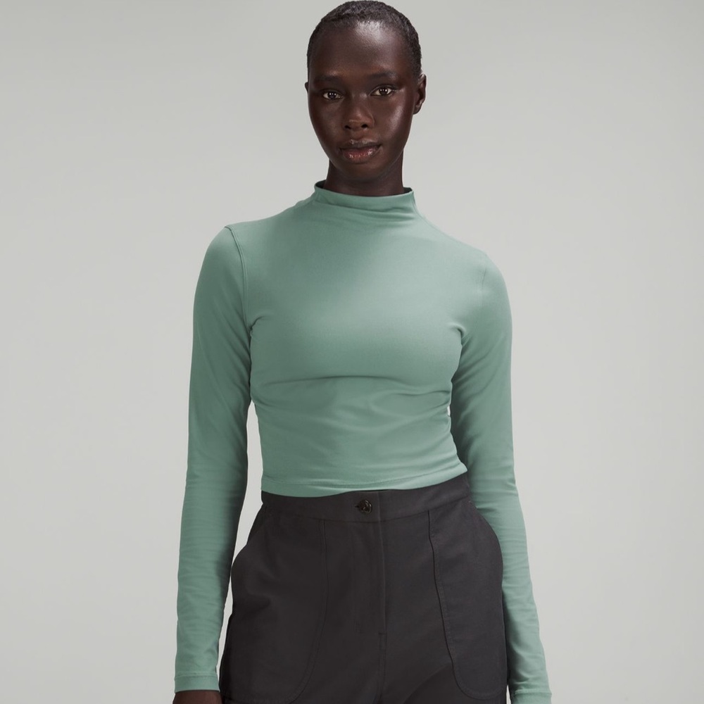All Aligned Mockneck Long-Sleeve Shirt in Tidewater Teal. Size 6